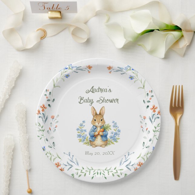 Cute Bunny Boy Floral Blue Bow Baby Shower  Paper Plate (Wedding)