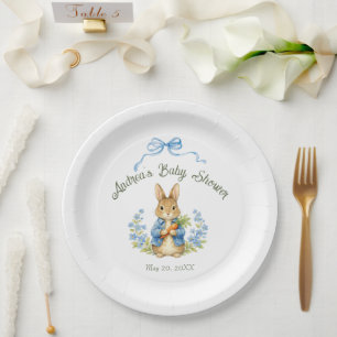 Cute Bunny Boy Floral Blue Bow Baby Shower Paper Plate
