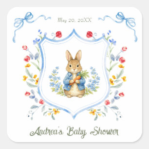 Cute Bunny Boy Floral Blue Bow Baby Shower Square Sticker
