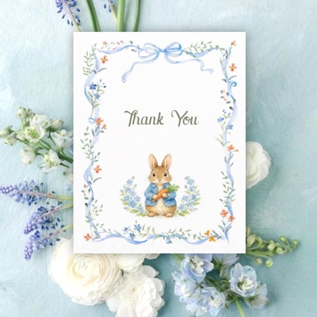Cute Bunny Boy Floral Blue Bow Baby Shower Thank You Card (Creator Uploaded)