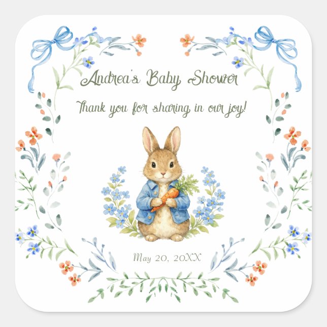 Cute Bunny Boy Floral Blue Bow Baby Shower Thanks Square Sticker (Front)