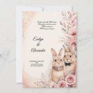 Cute Bunny Bride and Groom Pink Floral Gold Weddin Invitation