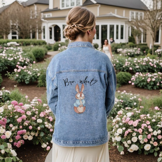 Cute Bunny "Bro, what?" – Adorable Rabbit  Denim Jacket (Wedding Back)