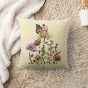 Cute Bunny Butterfly Floral Garden Illustration Cushion