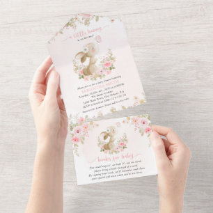 Cute Bunny, Butterfly, Pink Flowers, Baby Shower All In One Invitation