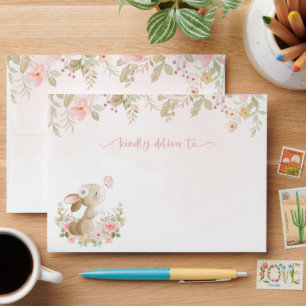 Cute Bunny, Butterfly, Pink Flowers, Baby Shower Envelope