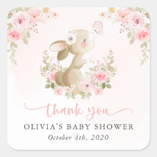 Cute Bunny, Butterfly, Pink Flowers, Baby Shower Square Sticker