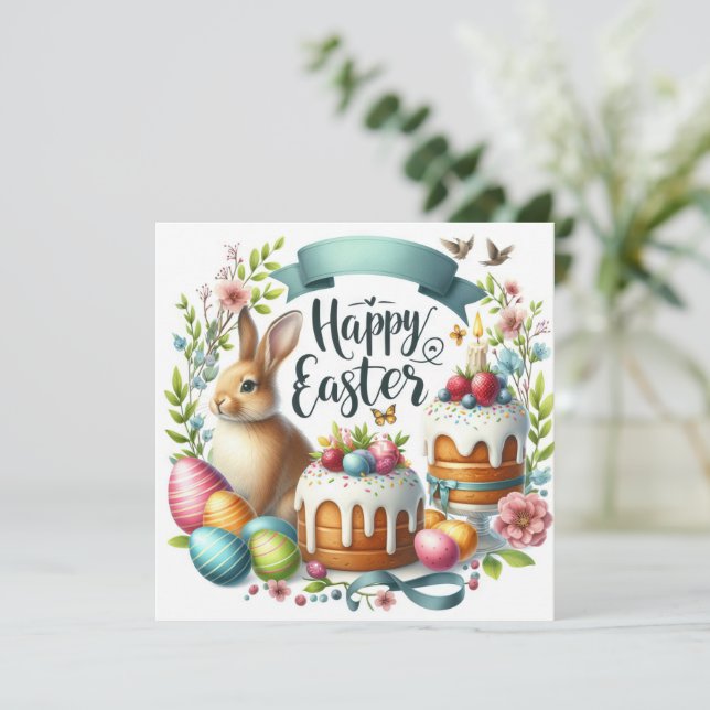 Cute Bunny Cake Eggs Illustration Easter Holiday Card (Standing Front)