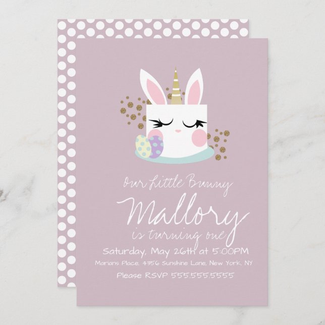 Cute Bunny Cake Unicorn Easter 1st Birthday Party  Invitation (Front/Back)