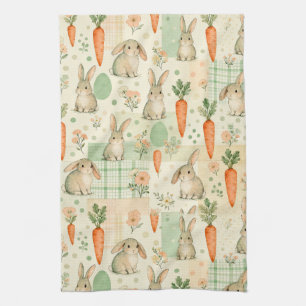 Cute Bunny & Carrot Cottage Pattern (1) Tea Towel
