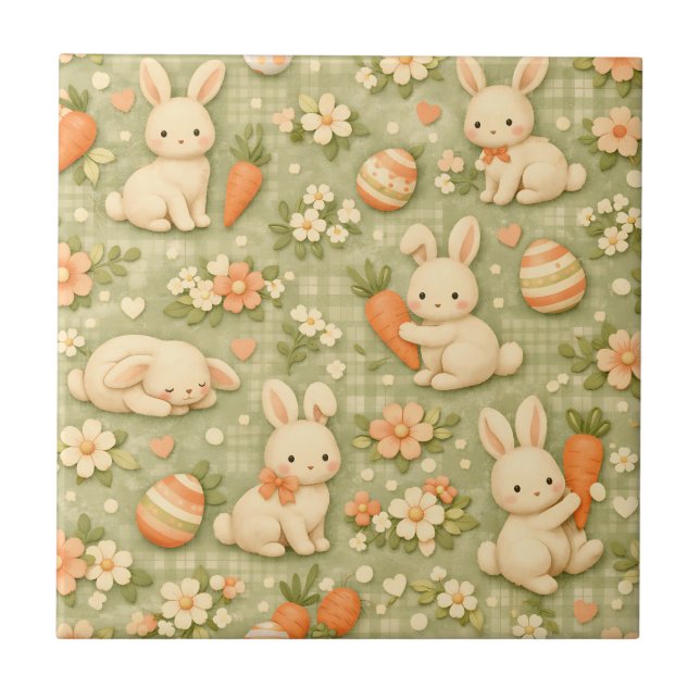 Cute Bunny & Carrot Cottage Pattern (2) Ceramic Tile (Front)