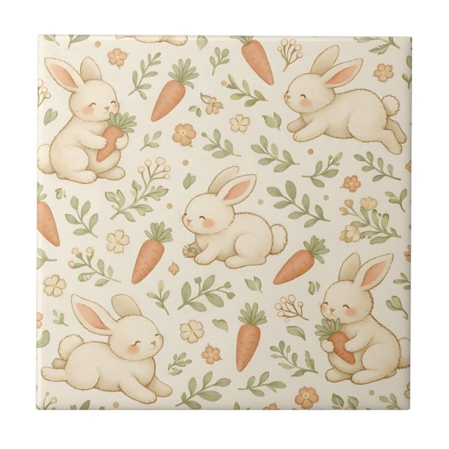 Cute Bunny & Carrot Cottage Pattern (3) Ceramic Tile (Front)