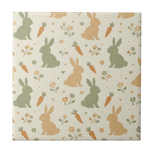 Cute Bunny & Carrot Cottage Pattern (4) Ceramic Tile (Front)