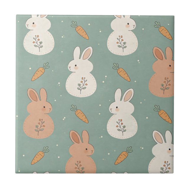 Cute Bunny & Carrot Cottage Pattern (5) Ceramic Tile (Front)