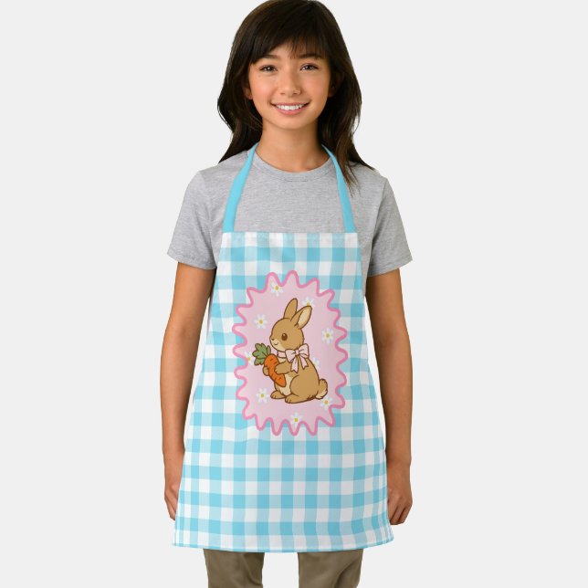 Cute Bunny Carrot & Daisy Gingham Apron (Insitu)