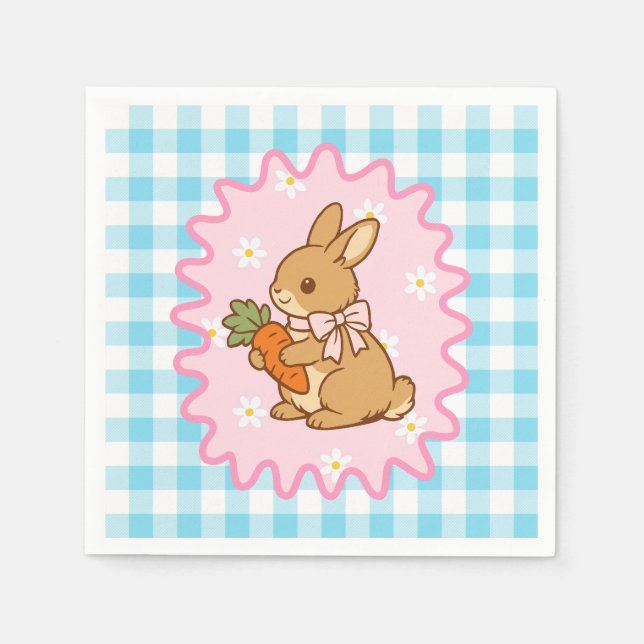 Cute Bunny Carrot & Daisy Gingham Napkin (Front)