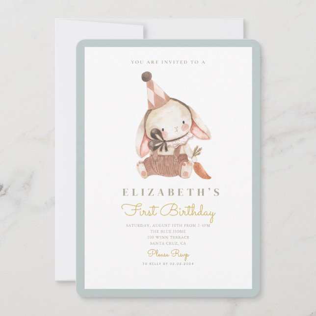 Cute Bunny & Carrot First Birthday 1st Birthday Invitation (Front)