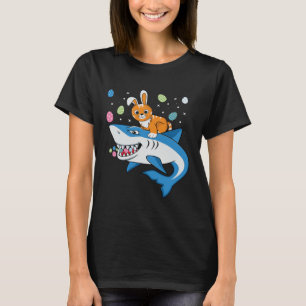 Cute Bunny Cat Riding Shark Eating Eggs Happy East T-Shirt
