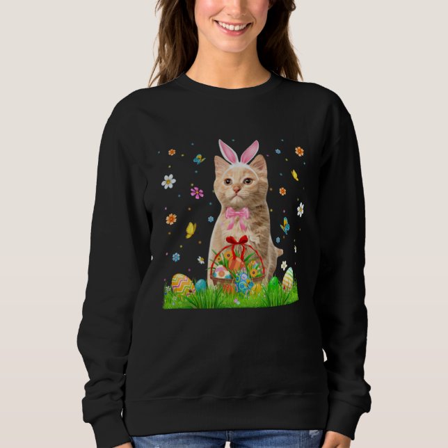 Cute Bunny Cat With Easter Egg Basket Happy Easter Sweatshirt (Front)