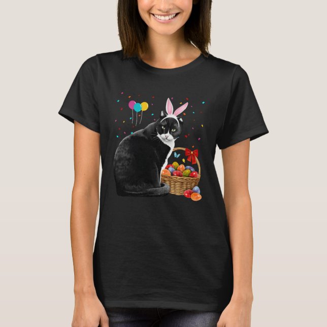 Cute Bunny Cat With Easter Egg Basket Happy Easter T-Shirt (Front)