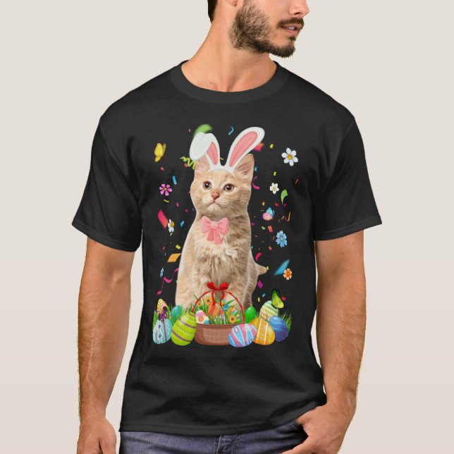 Cute Bunny Cat With Easter Egg Basket Happy Easter T-Shirt (Front)
