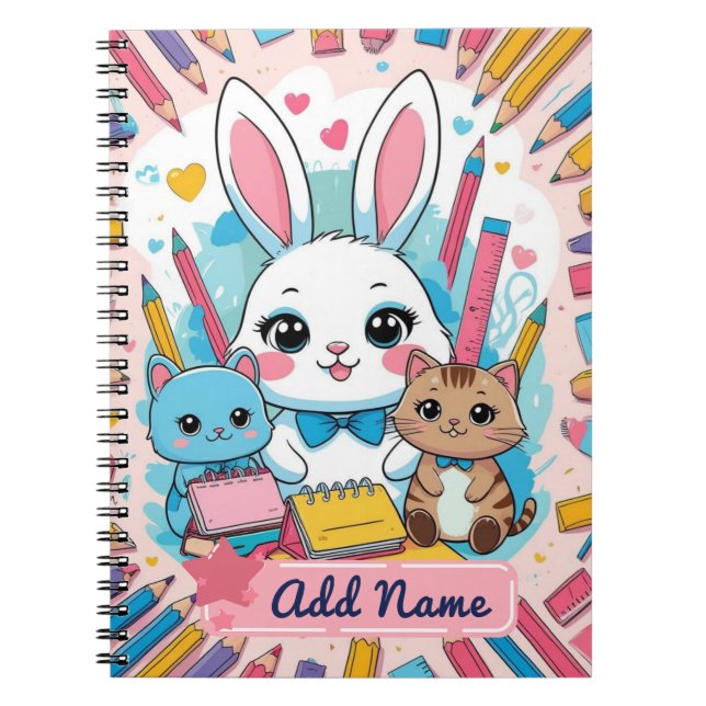 Cute Bunny & Cats Notebook – Editable Name (Front)