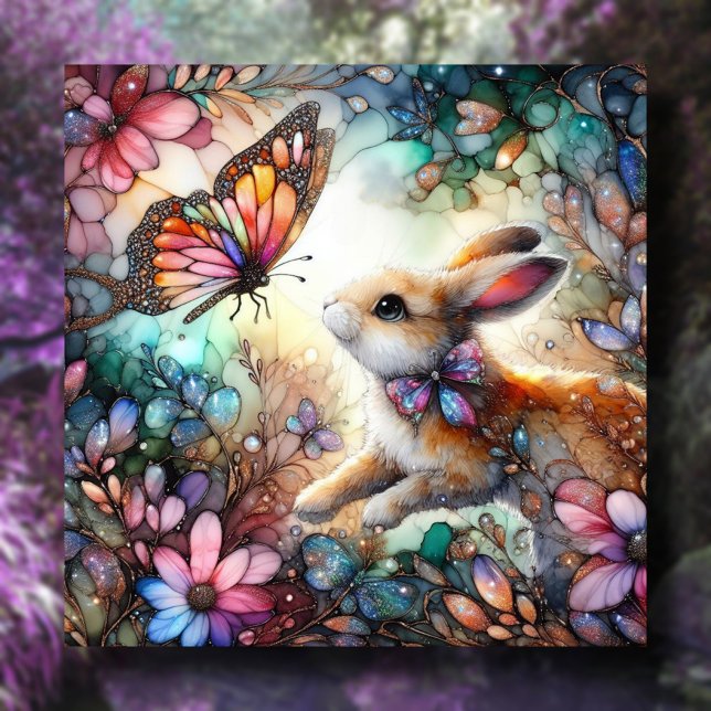 Cute Bunny Chasing Butterfly Stained Glass Easter Holiday Card (Creator Uploaded)