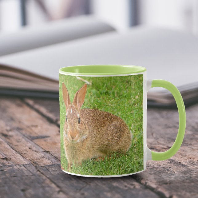 Cute Bunny Chewing Greens on the Golf Fairway Mug (Cute Bunny Eating Grass on Fairway Green 11 oz Coffee Mug Cover Photo.)