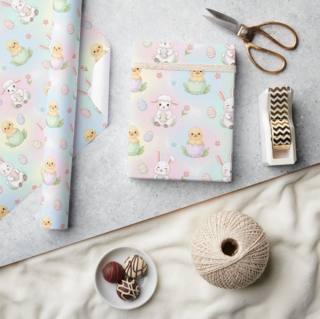 Cute Bunny Chick & Lamb Easter Pattern Kids  Wrapping Paper (Crafts)