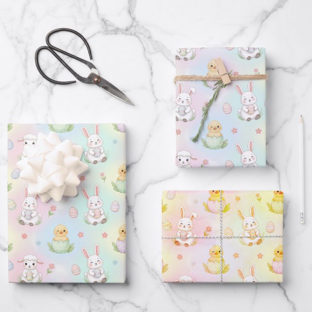 Cute Bunny Chick & Lamb Easter Pattern Kids  Wrapping Paper Sheet (Front)