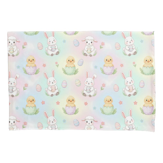 Cute Bunny Chick & Lamb Easter Pattern Pillowcase (Front)