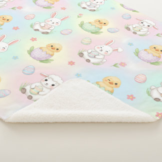 Cute Bunny Chick & Lamb Easter Pattern Sherpa Blanket