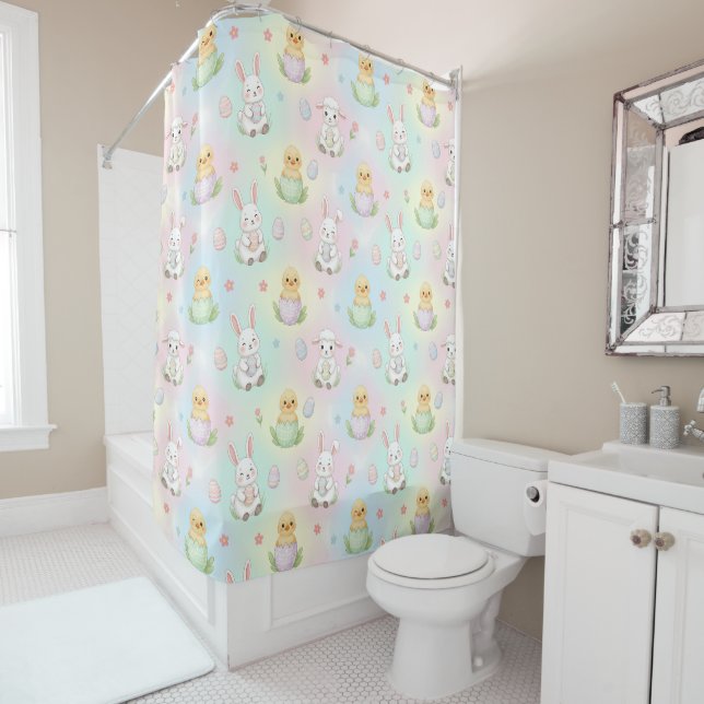Cute Bunny Chick & Lamb Easter Pattern Shower Curtain (In Situ)