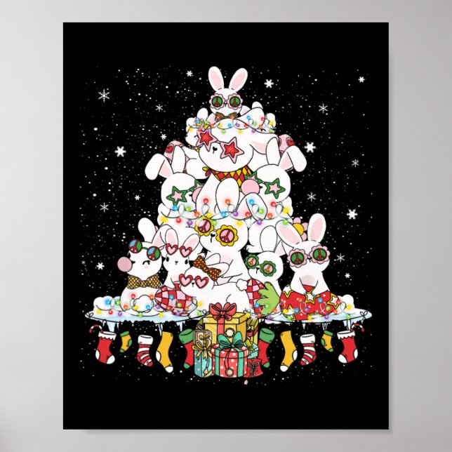 Cute Bunny Christmas Tree White Rabbits Surrounded Poster (Front)