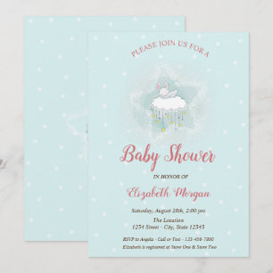 Cute Bunny,Cloud, Stars Blue Dots Baby Shower Invitation