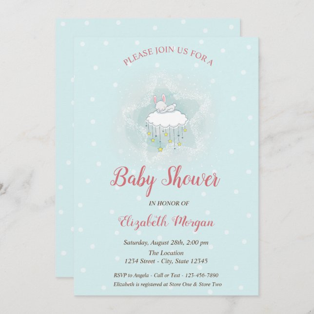 Cute Bunny,Cloud, Stars Blue Dots Baby Shower Invitation (Front/Back)
