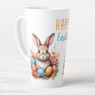 Cute Bunny Colorful Eggs Flowers Happy Easter Latte Mug