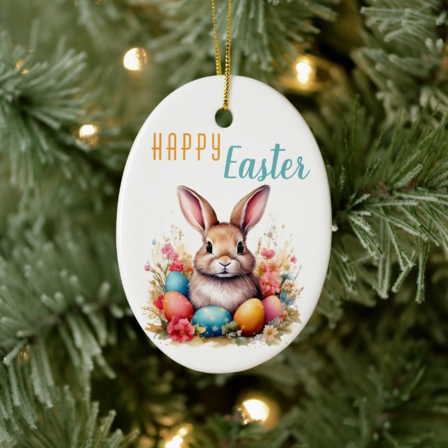 Cute Bunny Colourful Eggs Flowers Happy Easter Ceramic Ornament (Tree)