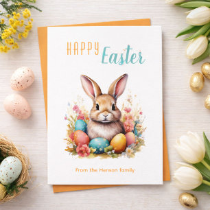 Cute Bunny Colourful Eggs Flowers Happy Easter Holiday Card