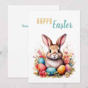 Cute Bunny Colourful Eggs Flowers Happy Easter Holiday Card