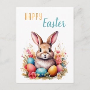 Cute Bunny Colourful Eggs Flowers Happy Easter Holiday Postcard