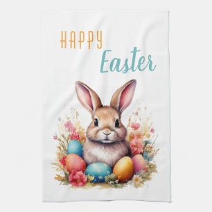 Cute Bunny Colourful Eggs Flowers Happy Easter Tea Towel