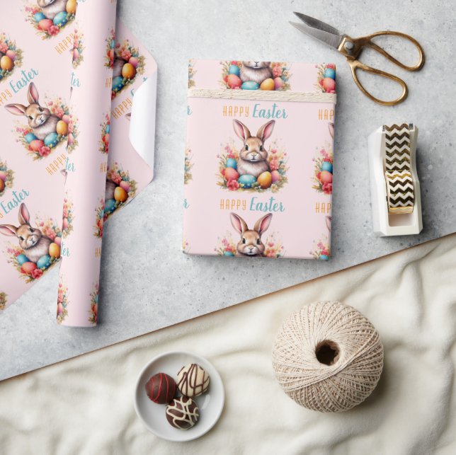 Cute Bunny Colourful Eggs Flowers Happy Easter Wrapping Paper (Crafts)