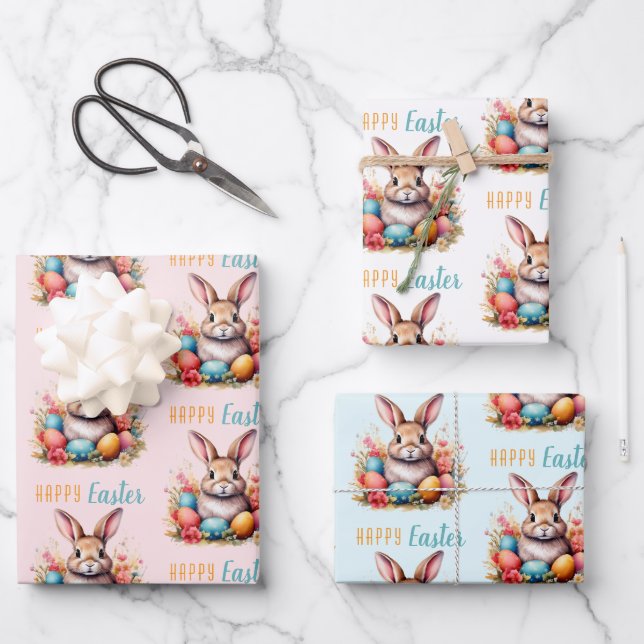 Cute Bunny Colourful Eggs Flowers Happy Easter Wrapping Paper Sheet (Front)