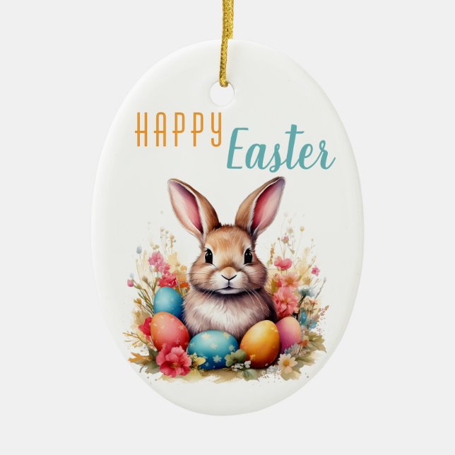 Cute Bunny Colourful Eggs Flowers Photo Easter Ceramic Ornament (Front)