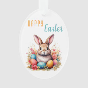 Cute Bunny Colourful Eggs Flowers Photo Easter Ornament