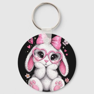 Cute Bunny Coquette Bow Heart Glasses Easter Women Key Ring