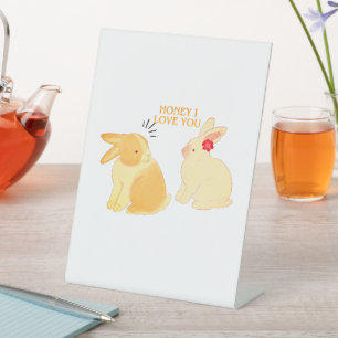 Cute Bunny Couple Love Quote - "Honey I Love You"  Pedestal Sign