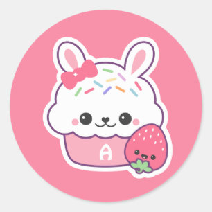 Cute Bunny Cupcake Monogram Classic Round Sticker