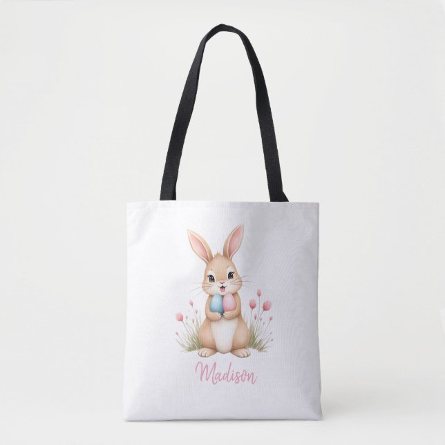 Cute bunny, custom name Easter egg hunt tote bag. Bag (Front)